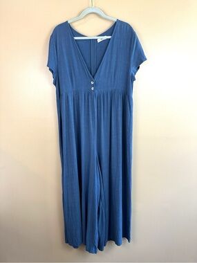 Natural Life Avery Blue Wide Leg Jumpsuit L/XL Rayon Linen Boho Cottage Empire
